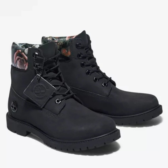Timberland Waterproof Black Floral Boots NWB Size 10 - Picture 1 of 7